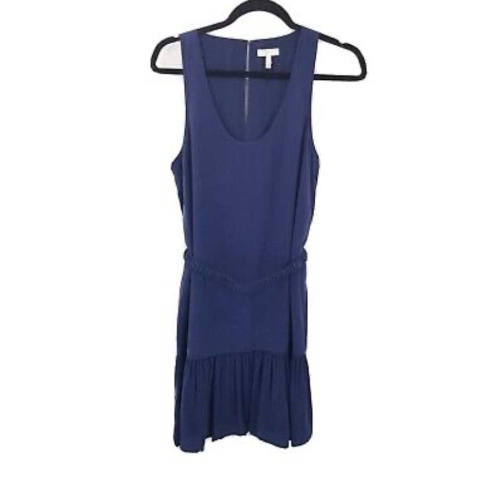 Navy silk Joie Ori D drop waist dress belt size M ruffle hem